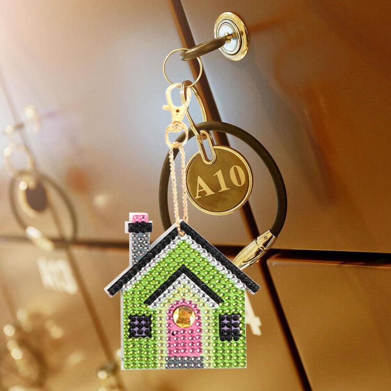 Mini Diamond Painting Four Houses Cross Stitch Mosaic Kit Key Ring Bag Decor