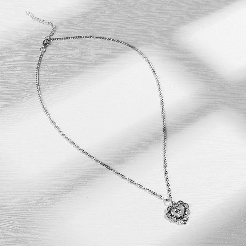 Women Punk Hollow Heart Pendant Clavicle Chain Cross Necklace Jewellery