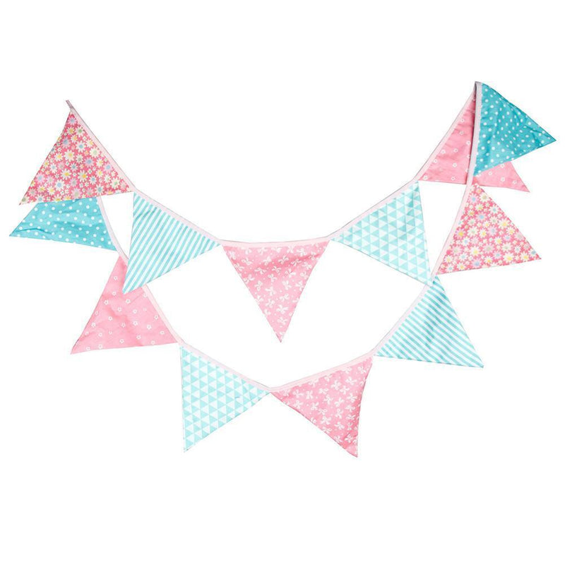 12 Flags Pink Blue Floral Cotton Fabric Bunting Pennant Banner Birthday