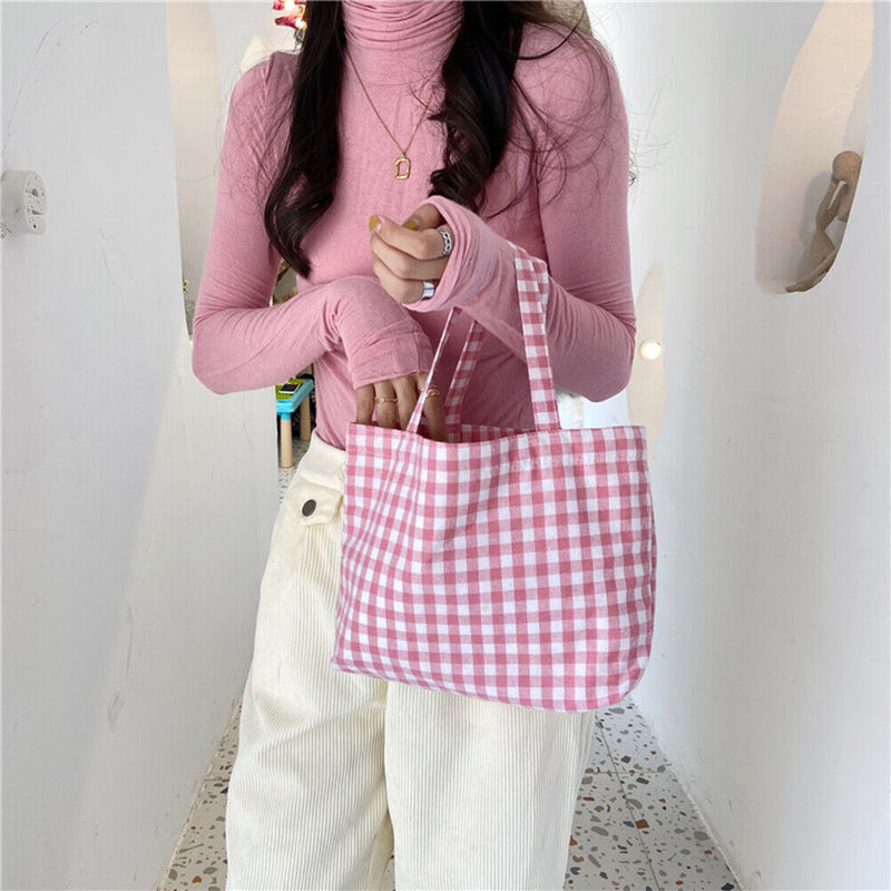 Cloth Shopping Tote Large Bag Plaid Picnic Travel Fashion Ladies Lunch Handbag