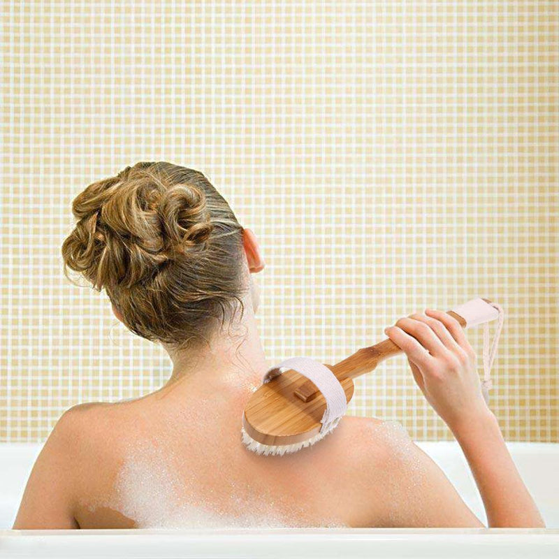 Boar Bristle Shower Bath Body Brush with Detachable Wooden Hand Grip Handle