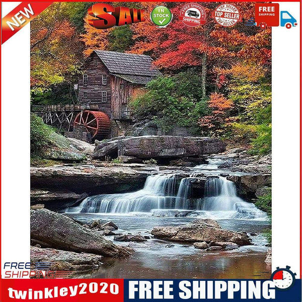 Hut by Waterfall Oil Paint By Numbers DIY Handpainted on Canvas Wall Art