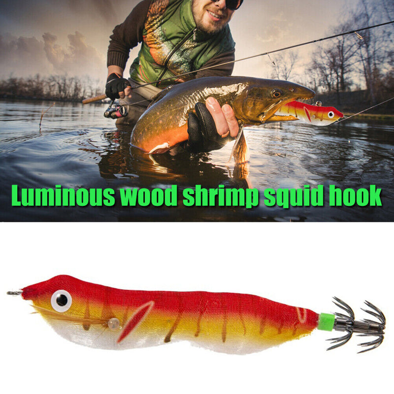 103mm LED Luminous Wood Shrimp Bait Squid Jigs Hook Fishing Lures (Red)