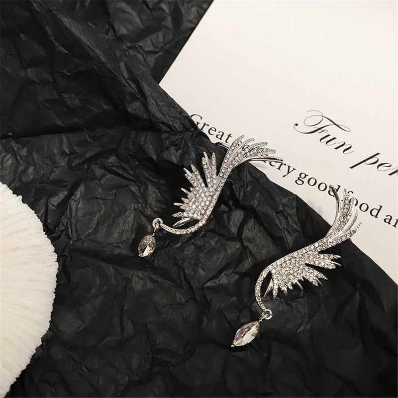 Elegant Drop Zircon Dangle Ear Clip Ear Stud Angel Wings Earrings Rhinestone
