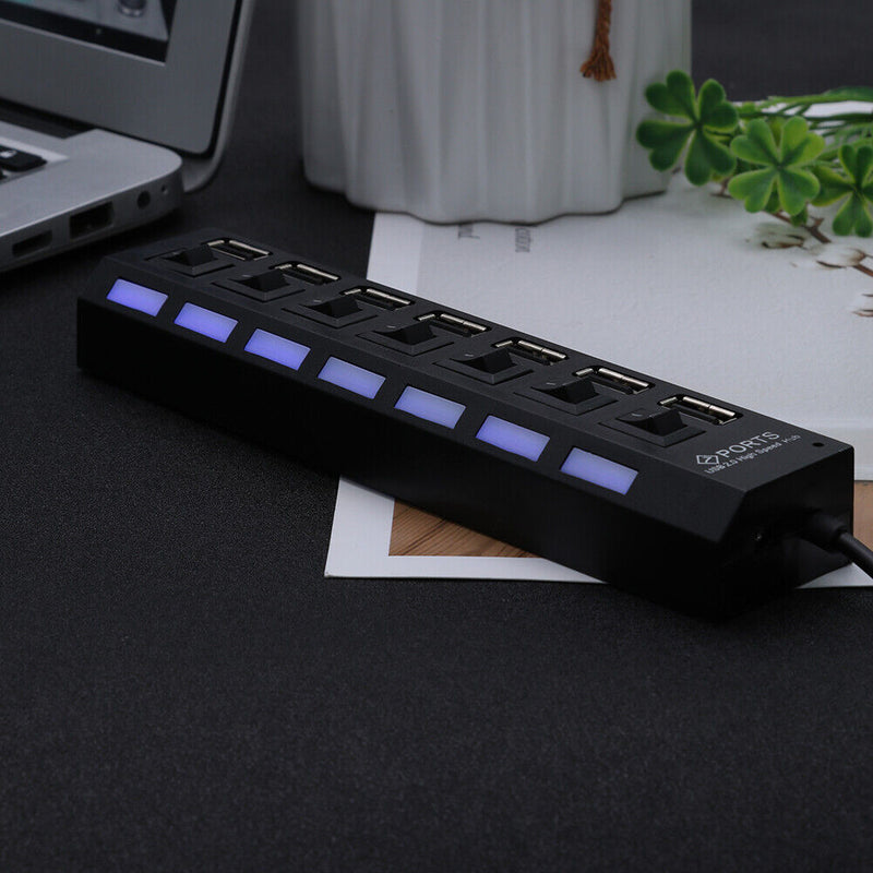 7 Ports High Speed USB 2.0 Hub Splitter w/ON/OFF Switch for Laptop (Black)