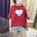 Cozy Women Fashion Love Heart Print Tops Summer Round Neck Half Sleeve T-shirts