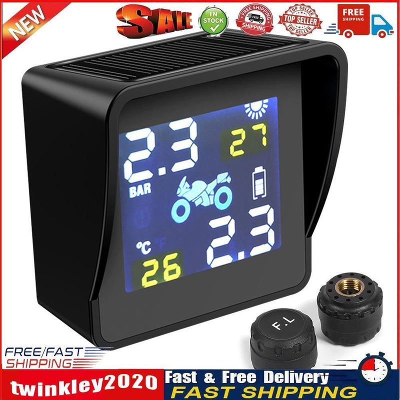 Solar Motorcycle TPMS Tire Pressure Monitoring Alarm System with 2 Sensors Newly