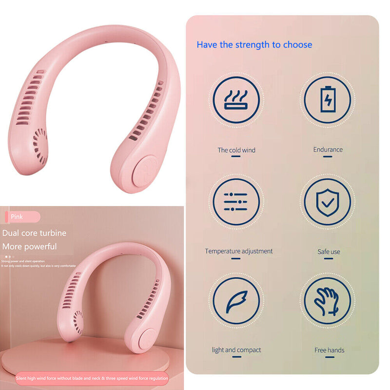 Mini Neck Fan USB Rechargeable Bladeless Fan Neck Air Conditioner (Pink)