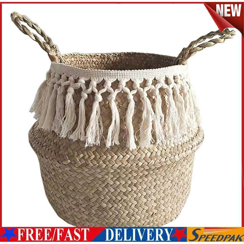 Handmade Foldable Hanging Basket Long White Tassels Laundry Container (S)
