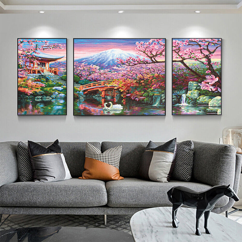 Frameless Painting By Numbers Courtyard DIY Drawing On Canvas Craft Triptych Kit