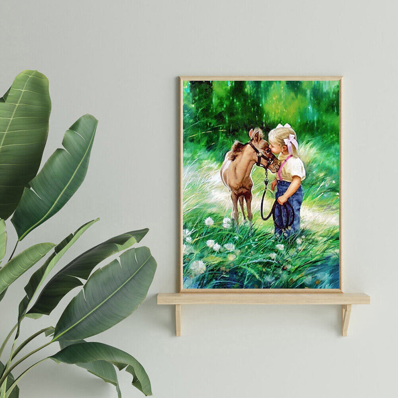 5D Round Diamond Painting Cross Stitch Donkey and Girl Full Drill Home Decor