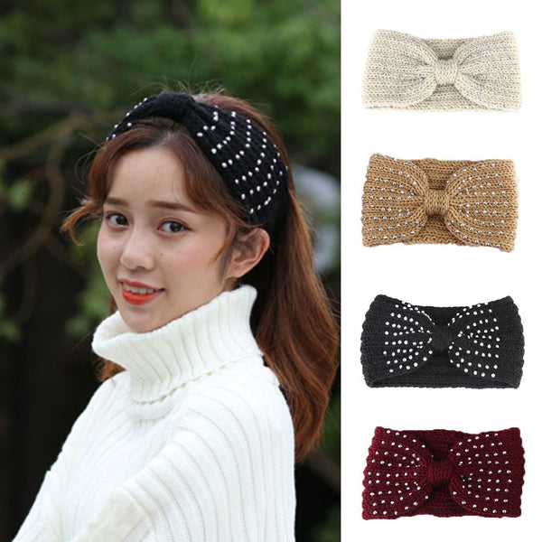 Winter Head Wrap Ear Warmer  Knit Headband  Rhinestone Crochet Hair Band  Bead