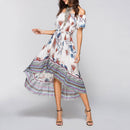 Women Off Shoulder Floral Print Dress Bohemian Beach Swing Dress (White M