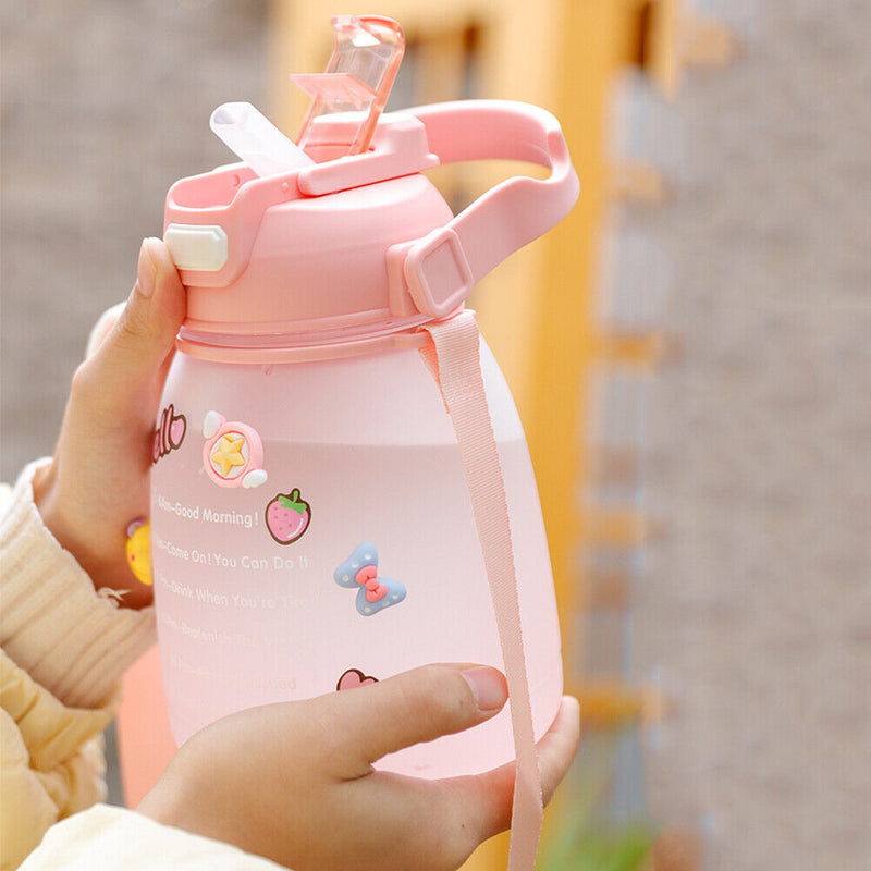 1300ml Large Capacity Cute Girl Water Bottle Plastic Straw Water Cup (Pink)