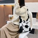 Retro Animal Pattern Print Shoulder Bag Women Winter Plush Handbag (White)
