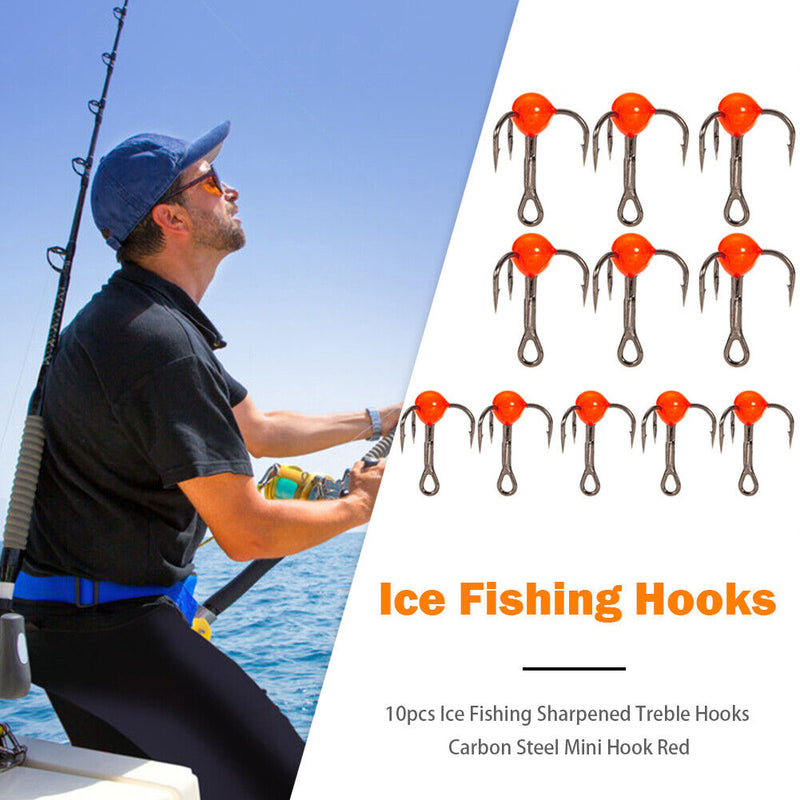 10pcs Ice Fishing Sharpened Treble Hooks Carbon Steel Mini Hook Red (10) Newly