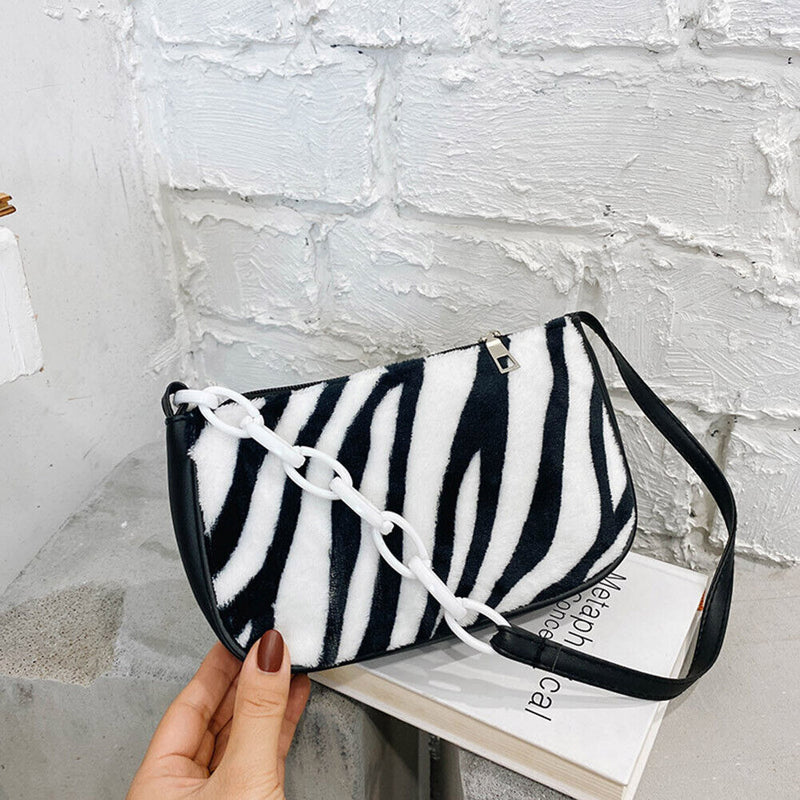 Plush Handbags Female Zebra Print Shoulder Underarm Bag Chain Purses (3)