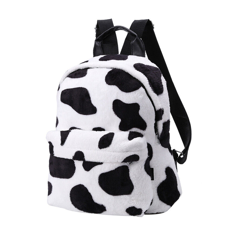 Fashion Winter Fluffy Women Soft Plush Printed Cow Backpack Girls School Bags