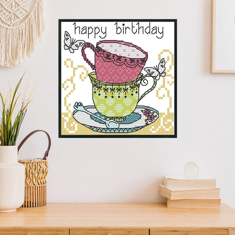 Teacup Cross Stitch Kit 14CT Stamp Embroidery DIY Needlework (J356 15x14cm)