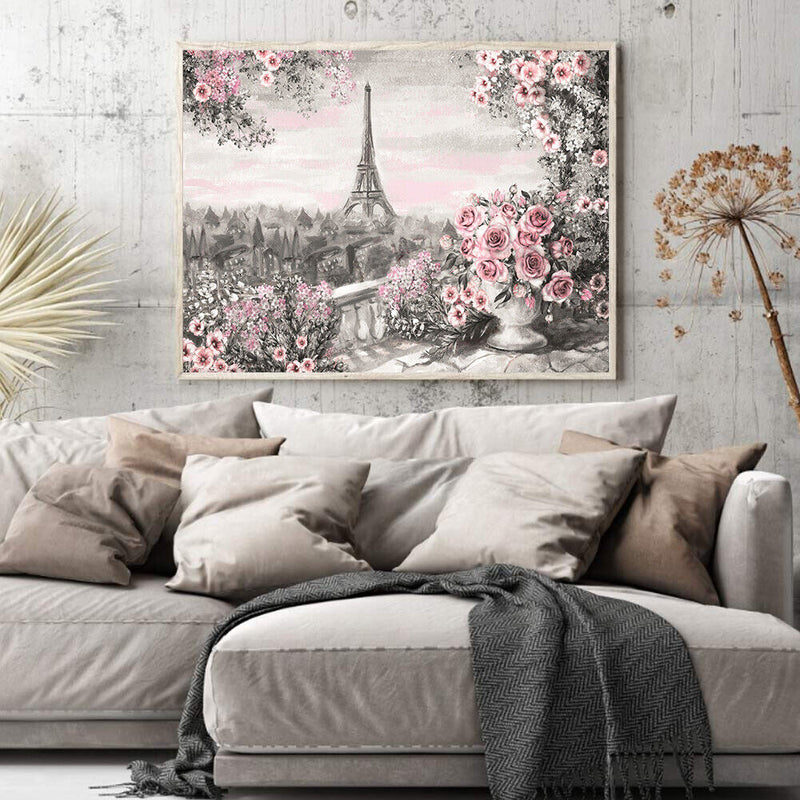 DIY Paint By Number Kit Iron Tower Pink Flowers No Frame Home Decoration