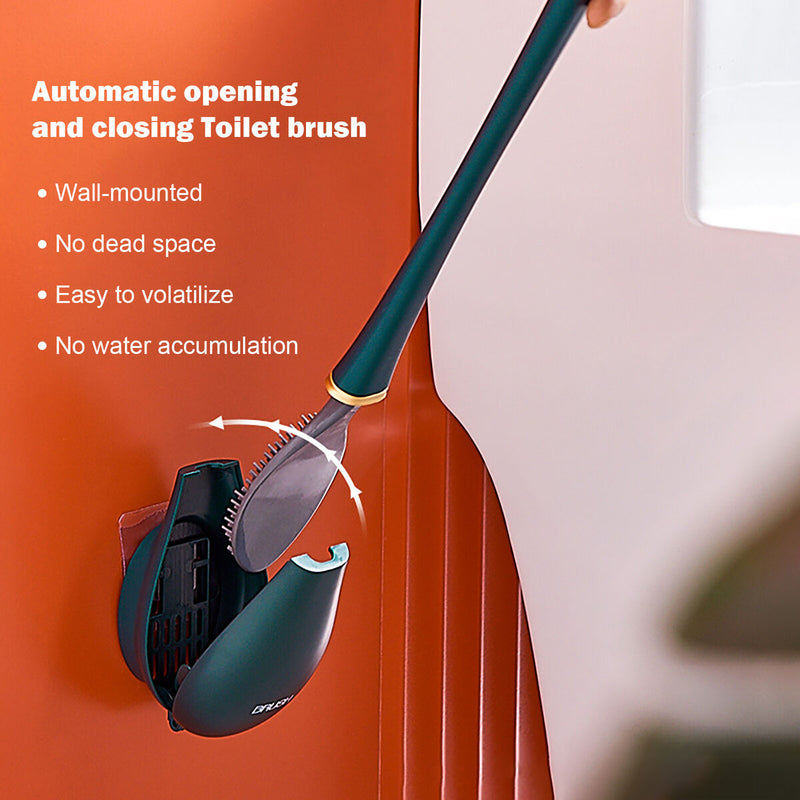 Toilet Brush with Holder Set Auto Wall-Mounted Deep-Cleaning (Dark Green)
