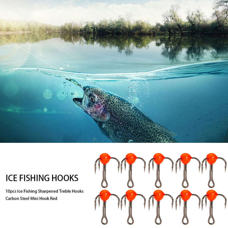 10pcs Ice Fishing Sharpened Treble Hooks Carbon Steel Mini Hook Red (10) Newly