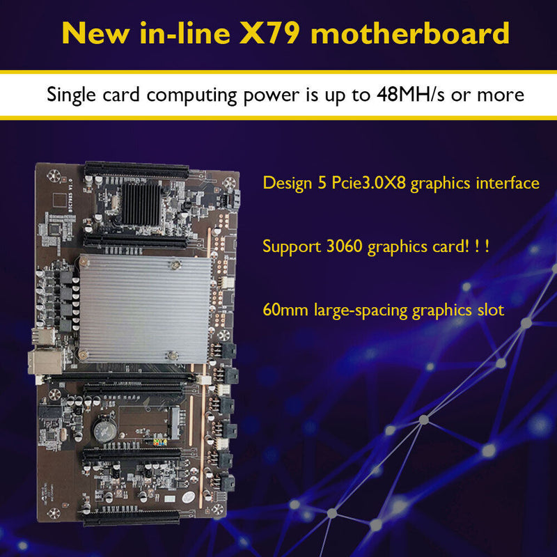 X79 BTC 5x PCIe 8X DDR3 2011 Pin Mining Motherboard with 12V Cooling Fan Newly
