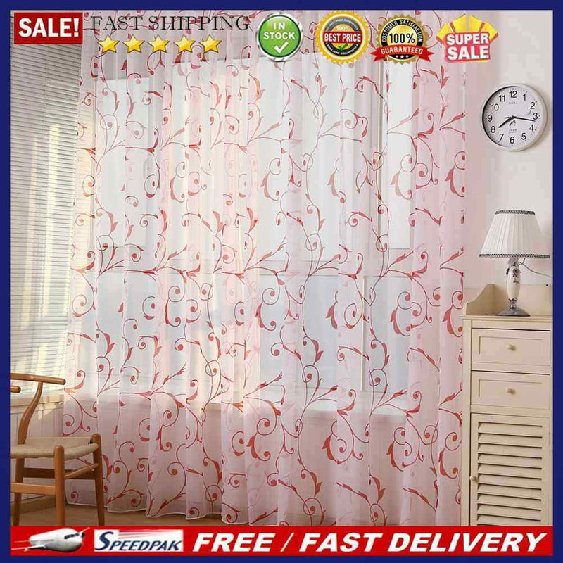 Transparent Voile Floral Print Curtains Bedroom Window Door Curtain (Red)