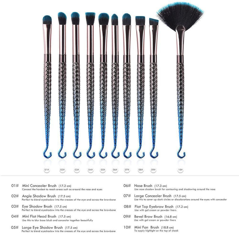 10pcs Mermaid Fish Hook Fan Shaped Foundation Powder Makeup Brushes Set(A)