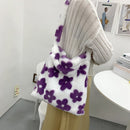 Women Plush Flower Pattern Handbag Lady Warm Large Shoulder Bag (Purple)