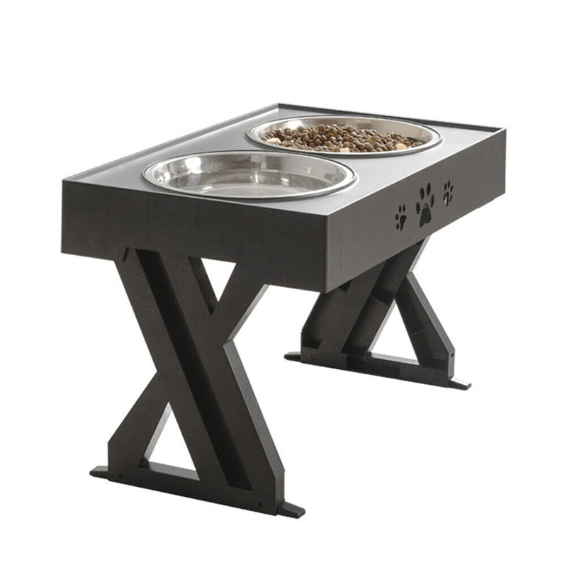 Elevated Stainless Steel Double Bowl Dog Pet Feeder Food Water Bowl (Black)