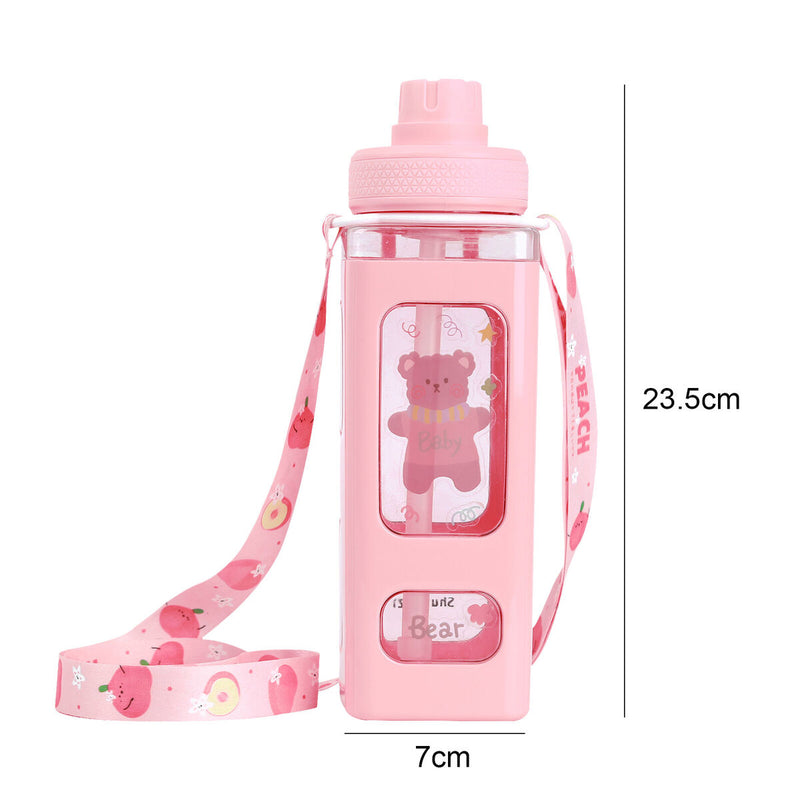 Water Bottle with Straw 700ml Drinking Bottle Square Cute Water Jug (Pink)