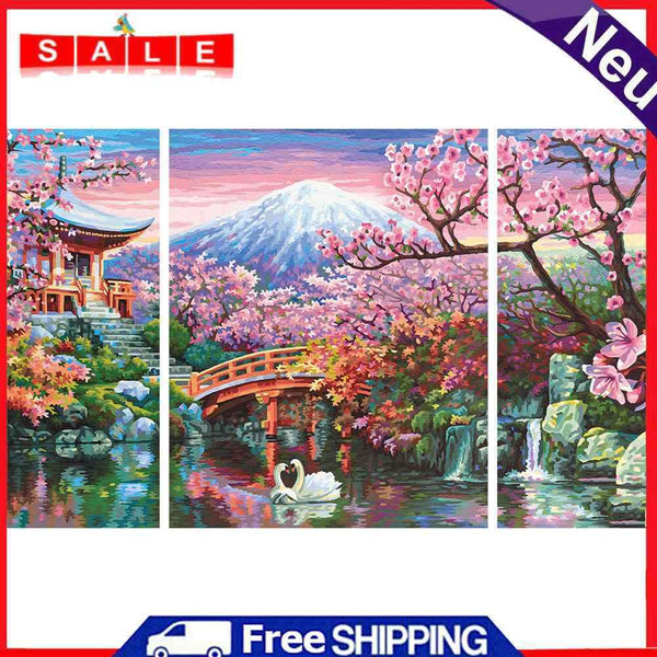 Frameless Painting By Numbers Courtyard DIY Drawing On Canvas Craft Triptych Kit