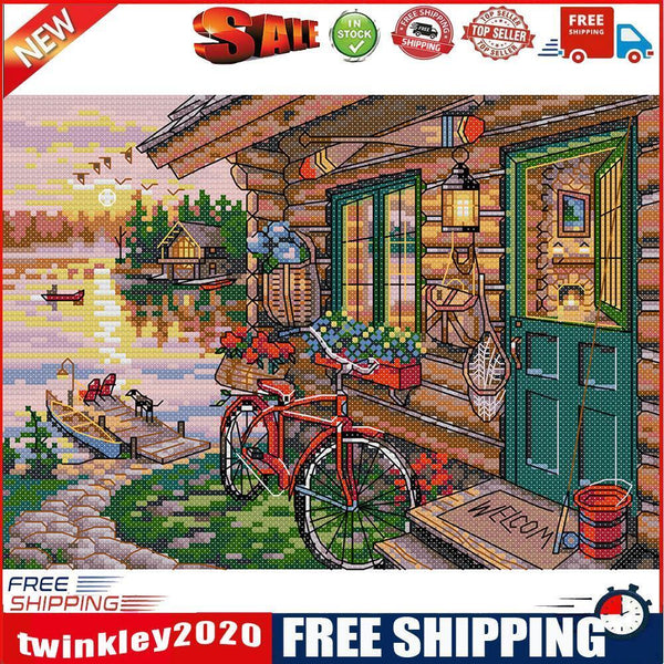 DIY Cross Stitch Full Embroidery Kit Riverside Cottage View Stamped Decor