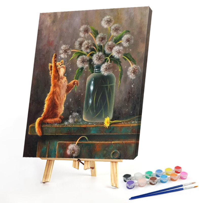 Cat Playing Dandelion Oil Paint By Numbers Kit DIY Acrylic Painting Picture