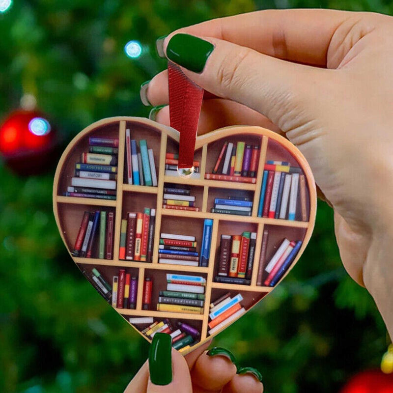 Book Lovers Heart-Shaped Bookshelf Pendant Ornament Christmas Tree Gifts FAST S#