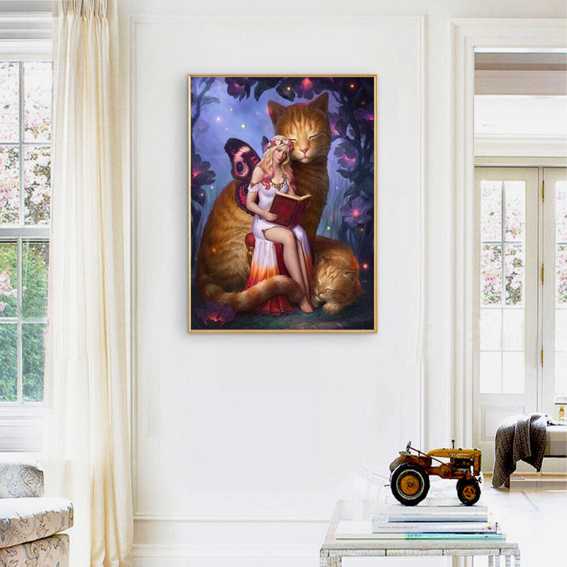 Butterfly Girl and Cat Oil Paint By Numbers DIY Handpainted on Canvas Wall Ar