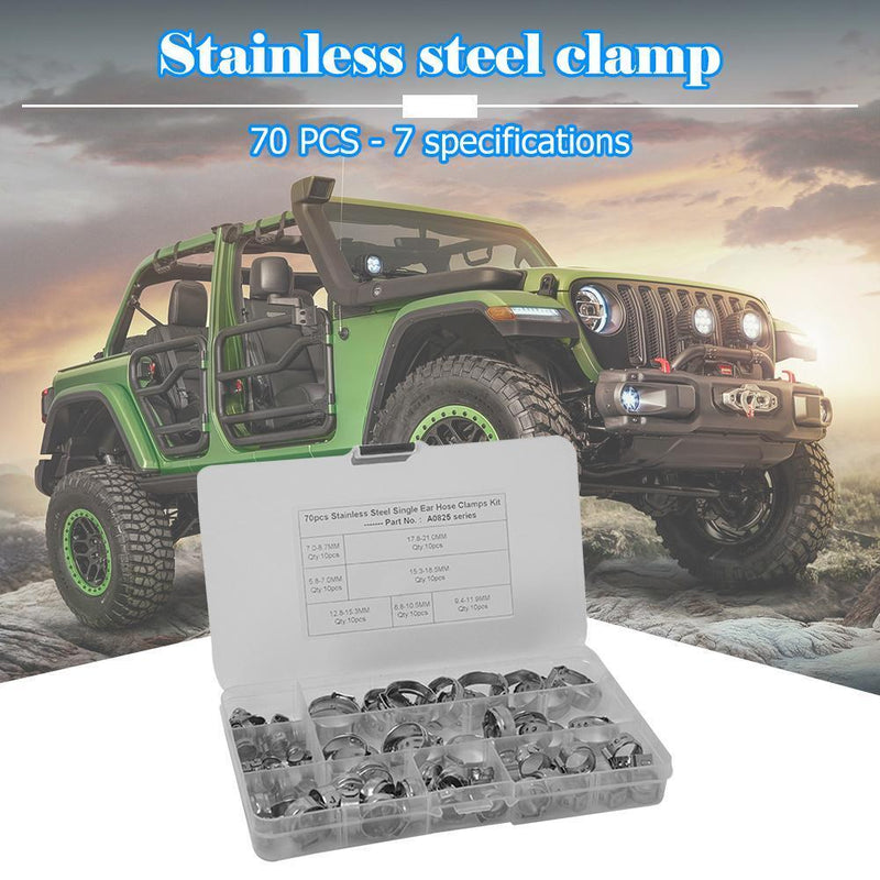 70pcs 7 Sizes Stainless Steel Single Ear Hose Clamps Fuel Air Pipe O Clips Newly