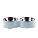 Dog Double Bowl Puppy Food Feeder Stainless Steel Pets Drinking Dish (Blue)