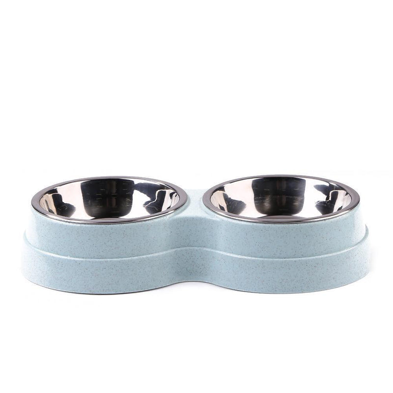 Dog Double Bowl Puppy Food Feeder Stainless Steel Pets Drinking Dish (Blue)
