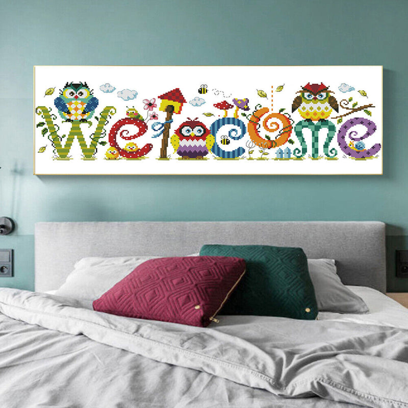 Owl Welcome Sign 14CT Counted Embroidery DIY Cotton Thread Partial Cross Stitch