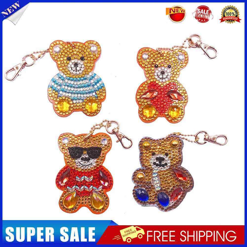 4pcs DIY Cartoon Bear Full Drill Special Shaped Diamond Painting Keychain Gift
