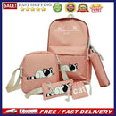 5pcs/set Cute Cat Canvas Bags Travel Backpack Shoulder Clutch Bag (Pink)