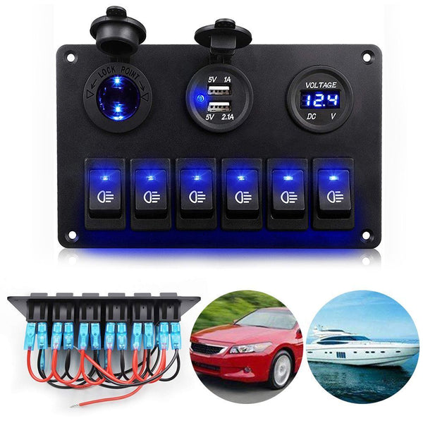 Voltmeter Circuit Breaker Dual USB Port 6 Gang 12V/24V LED Rocker Switch Panel