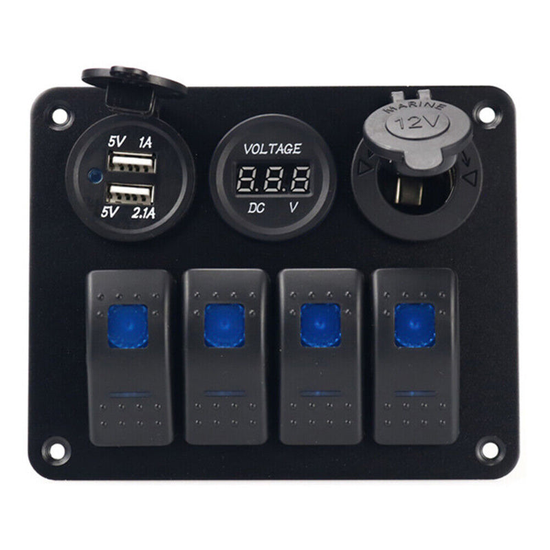 4 Gang Rocker Switch Panel Outlet Combination Switch (Blue Digital Display)