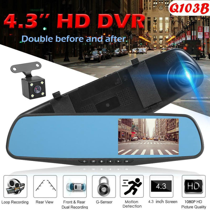 Dual Lens 1080P 4.3" IPS Car DVR Rearview Mirror Camera Dash Cam Video Recorder
