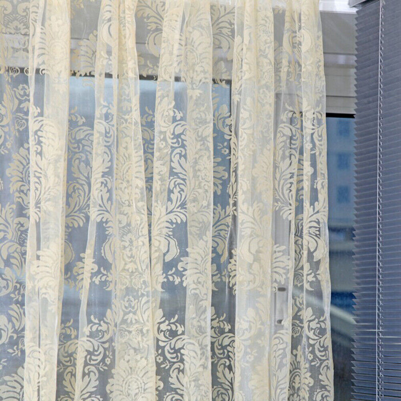 Flocking Floral Tulle Printed Window Door Curtain for Living Room (Beige)