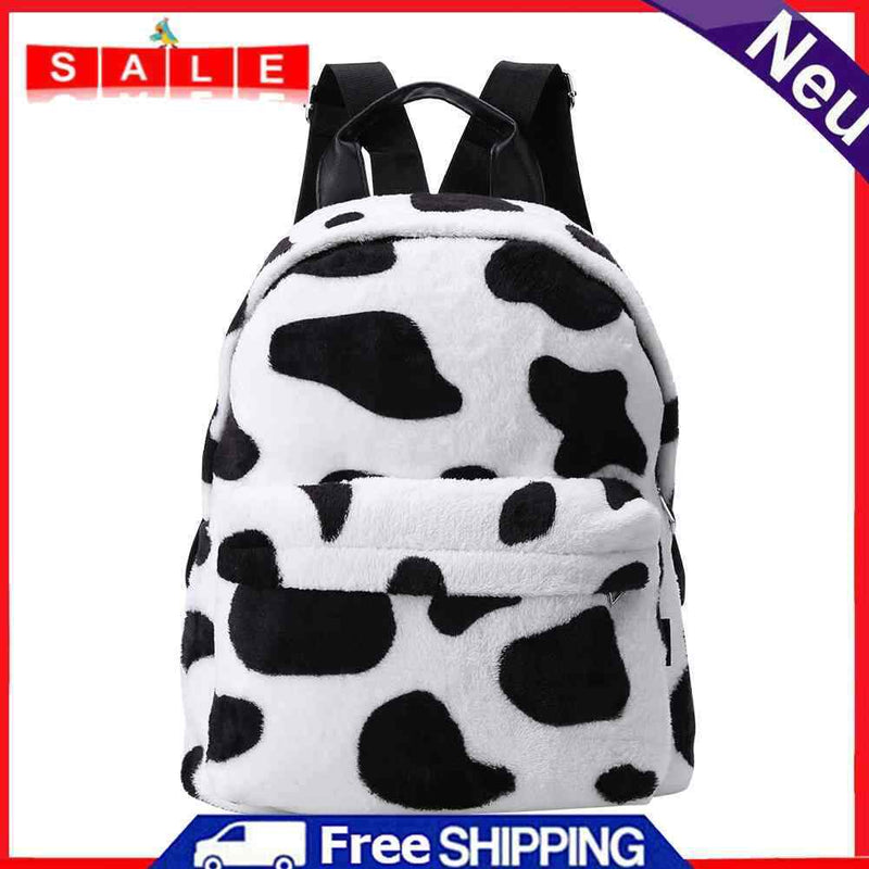 Fashion Winter Fluffy Women Soft Plush Printed Cow Backpack Girls School Bags