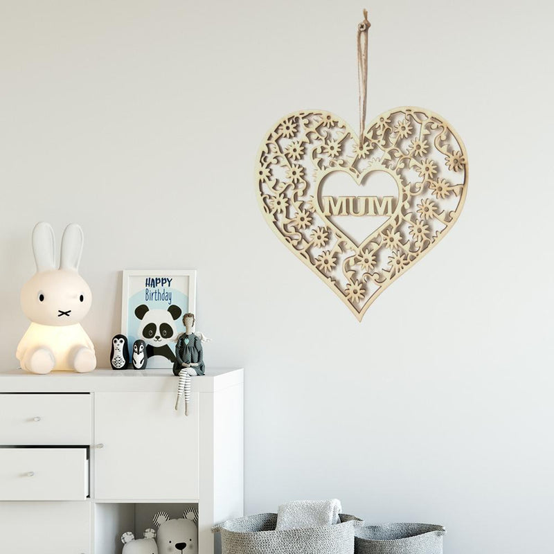 Creative Love Heart Hollow Wood Plaque Pendant Mothers Day Hanging Ornament Craf