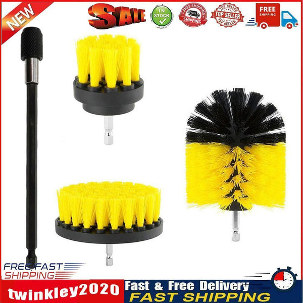 Drill Brush Attachment Set 2 3.5 4 inch Brushes + Extension Rod Kit Yellow Newly
